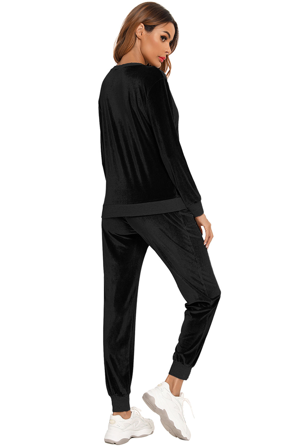 Round Neck Long Sleeve Loungewear Set with Pockets in Black for Women