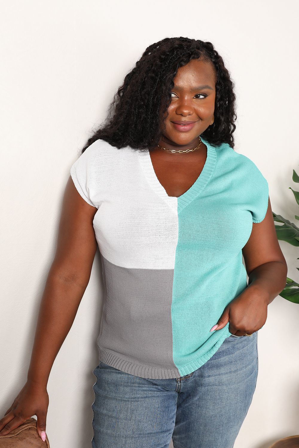 Color Block V-Neck Knit Top for Women