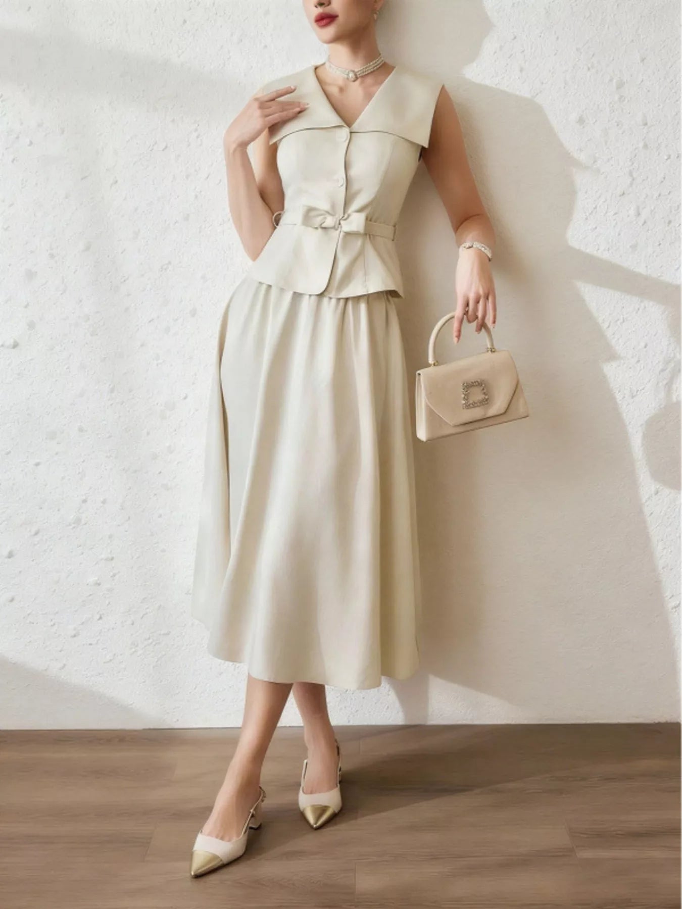 Sleeveless Top and Midi Skirt Set in Beige for Women