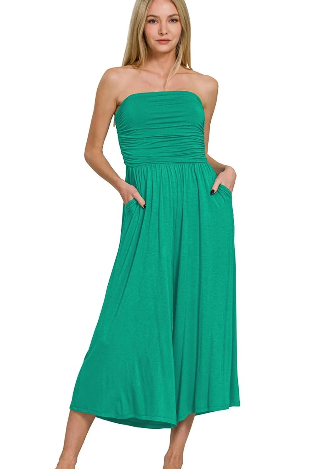 Double Layered Strapless Tube Top Jumpsuit in Green for Women