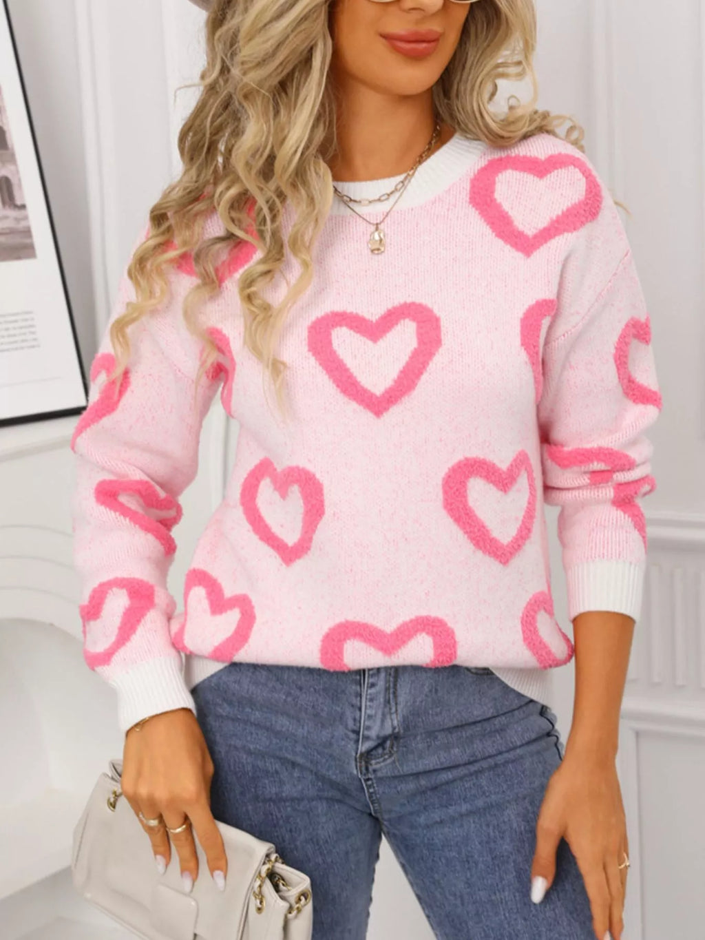 Valentines Day Heart Pattern Round Neck Sweater in White for Women
