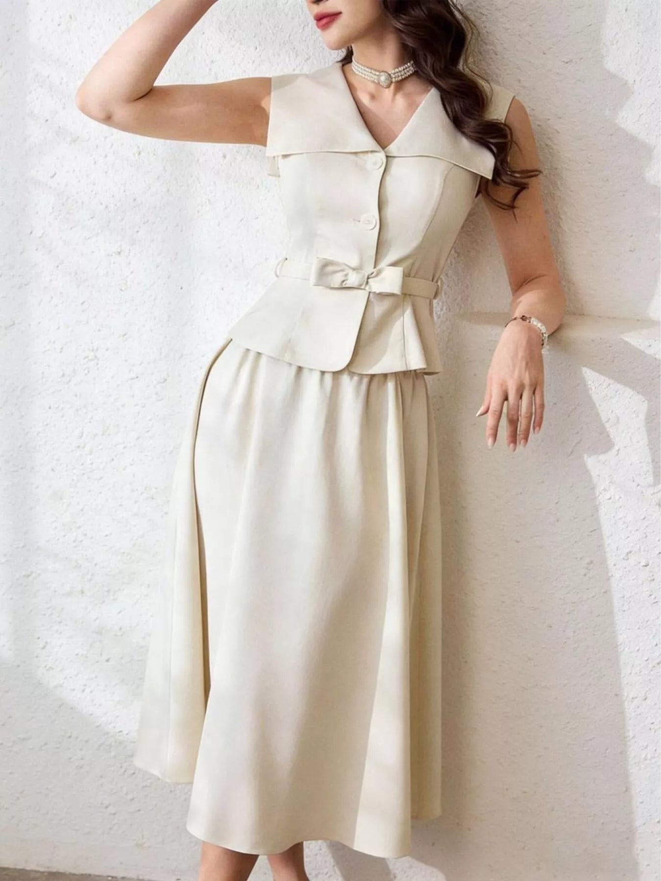 Sleeveless Top and Midi Skirt Set in Beige for Women