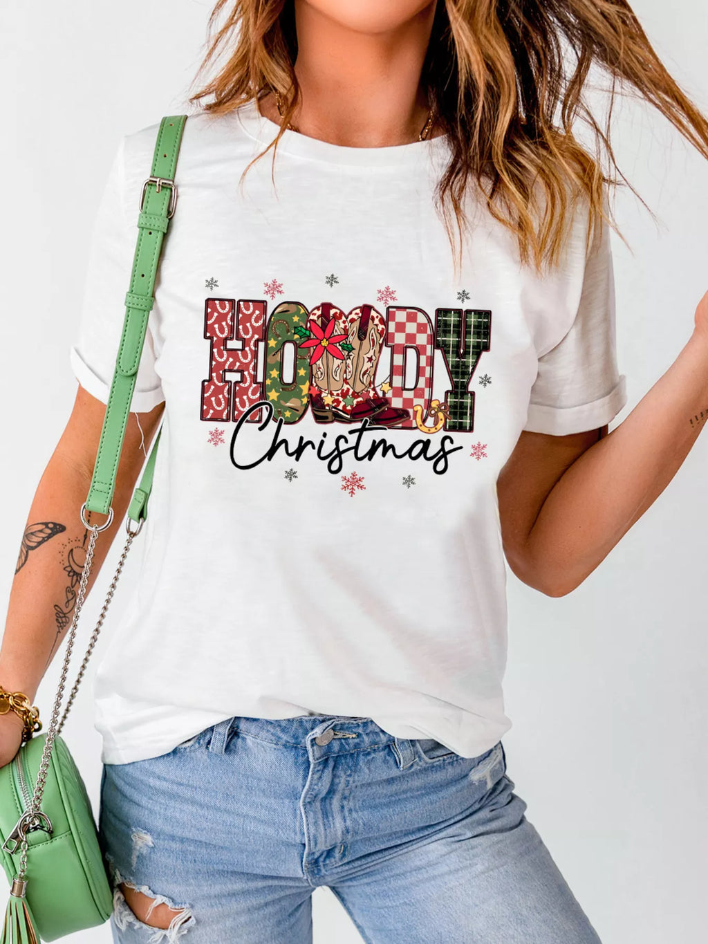 Howdy Christmas Festive Letter Printed Crew Neck T-Shirt in White for Women