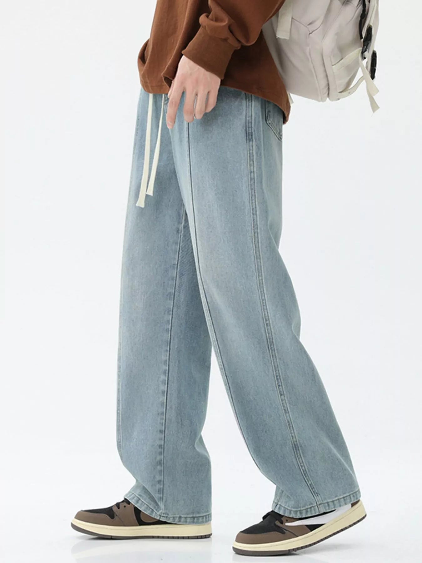 Drawstring Wide Leg Jeans Plus Size in Light Blue in Smoky Gray for Men