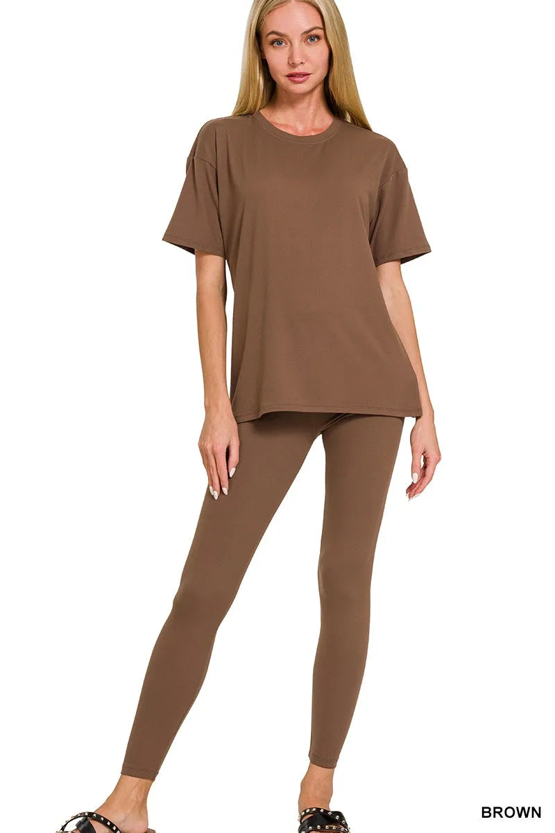 Brushed Dty Microfiber Short Sleeve Top and Pants Loungewear Set Plus Size in Brown for Women