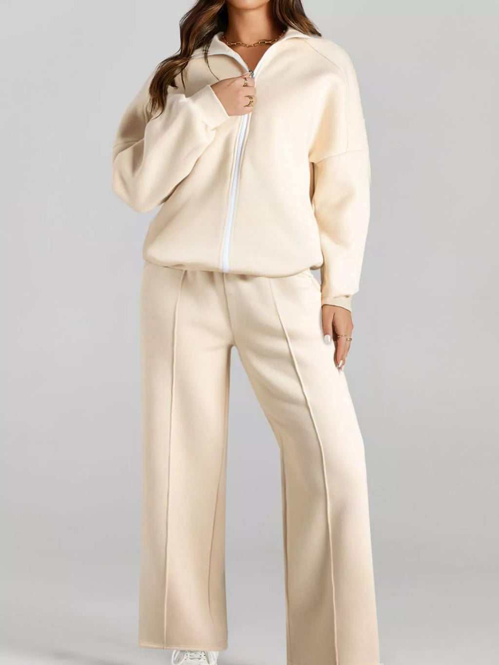 Drop Shoulder Zip Up Jacket and Drawstring Pants Active 2pcs Set in Beige for Women
