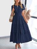Plus Size Short Sleeve Tiered Midi Dress in Dark Blue for Women