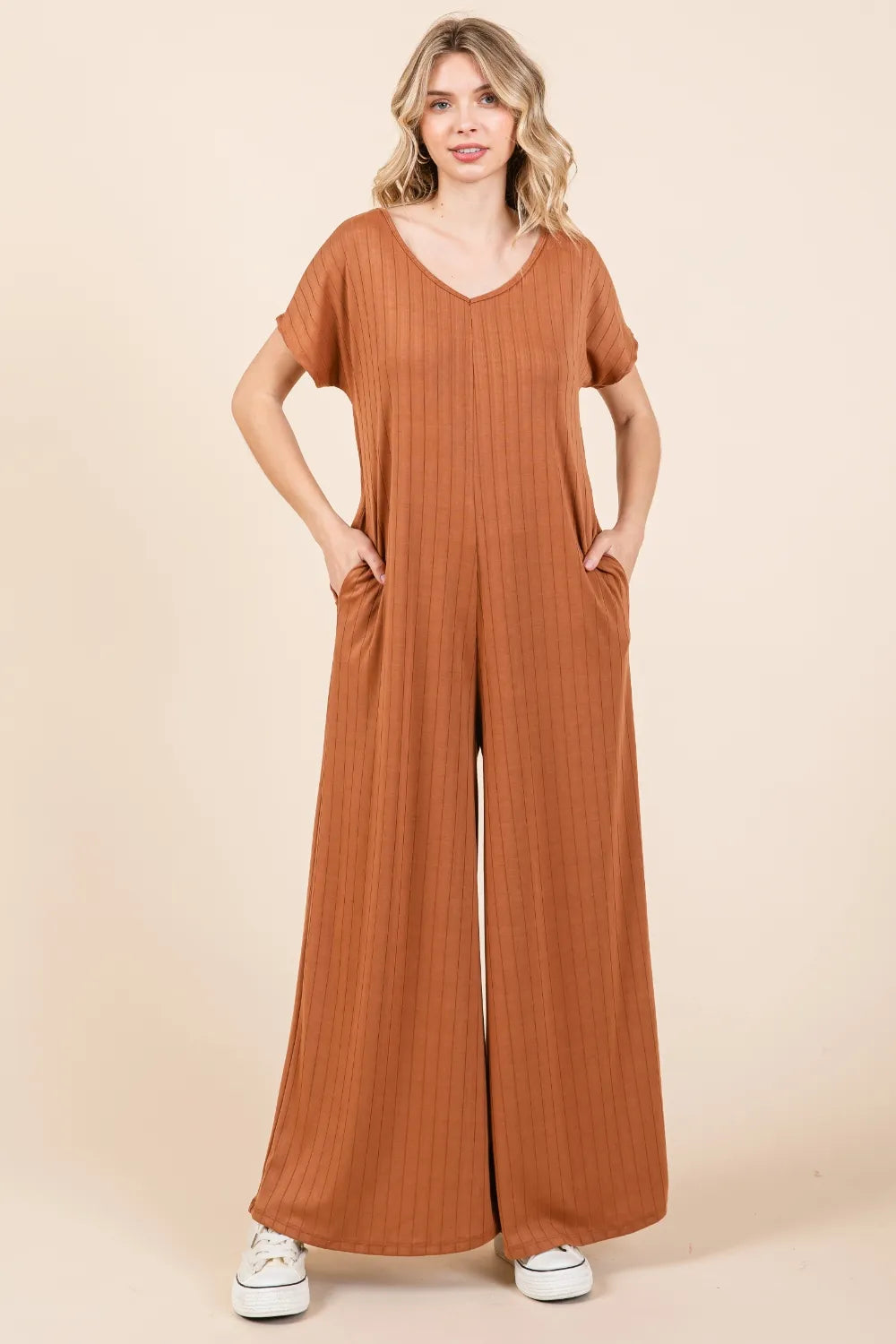 Bombom Ribbed Short Sleeve Wide Leg Jumpsuit in Camel for Women
