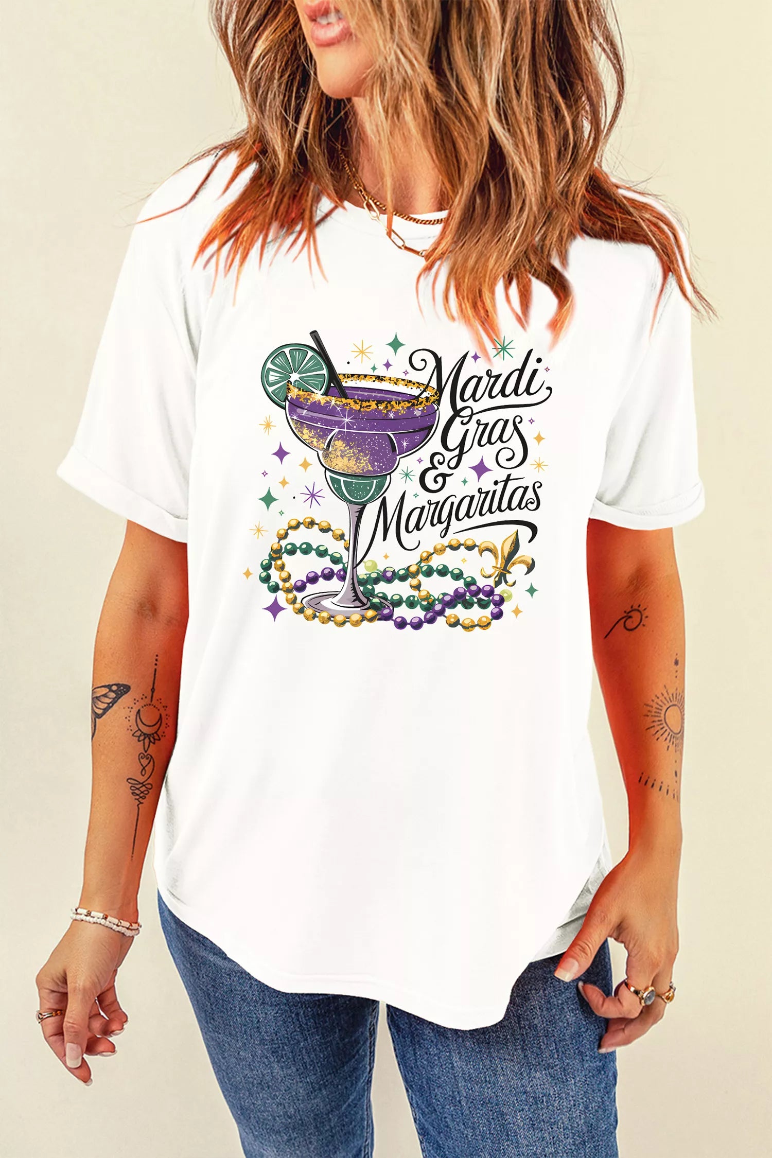 Mardi Gras Margaritas Cheerful Graphic Tee in White for Women