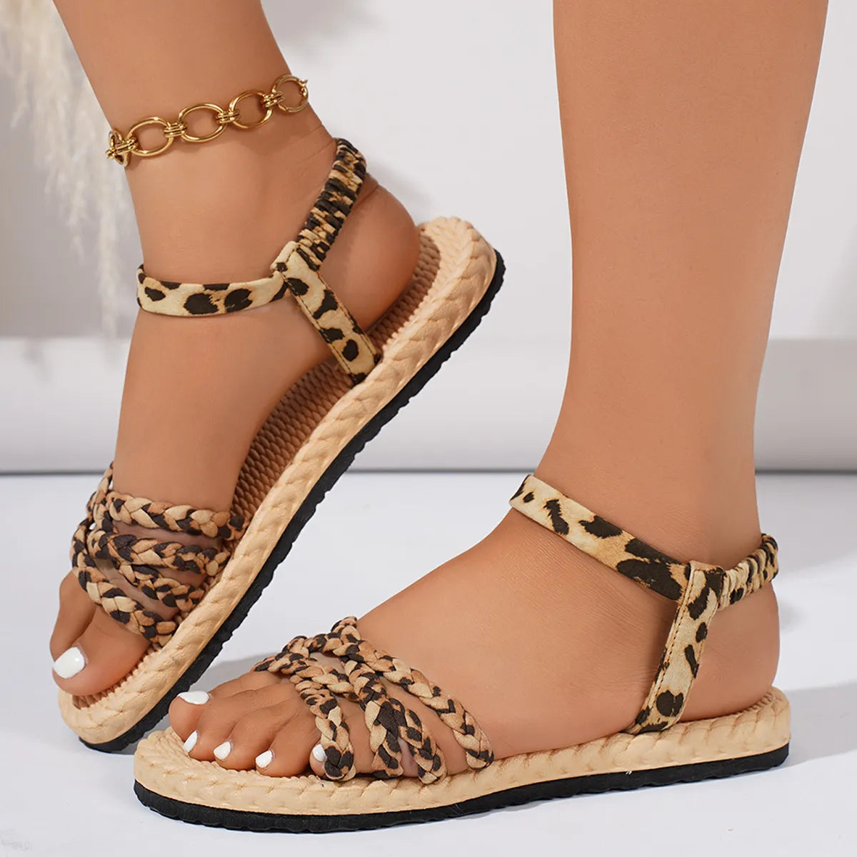 Leopard Braided Ankle Strap Sandals for Women