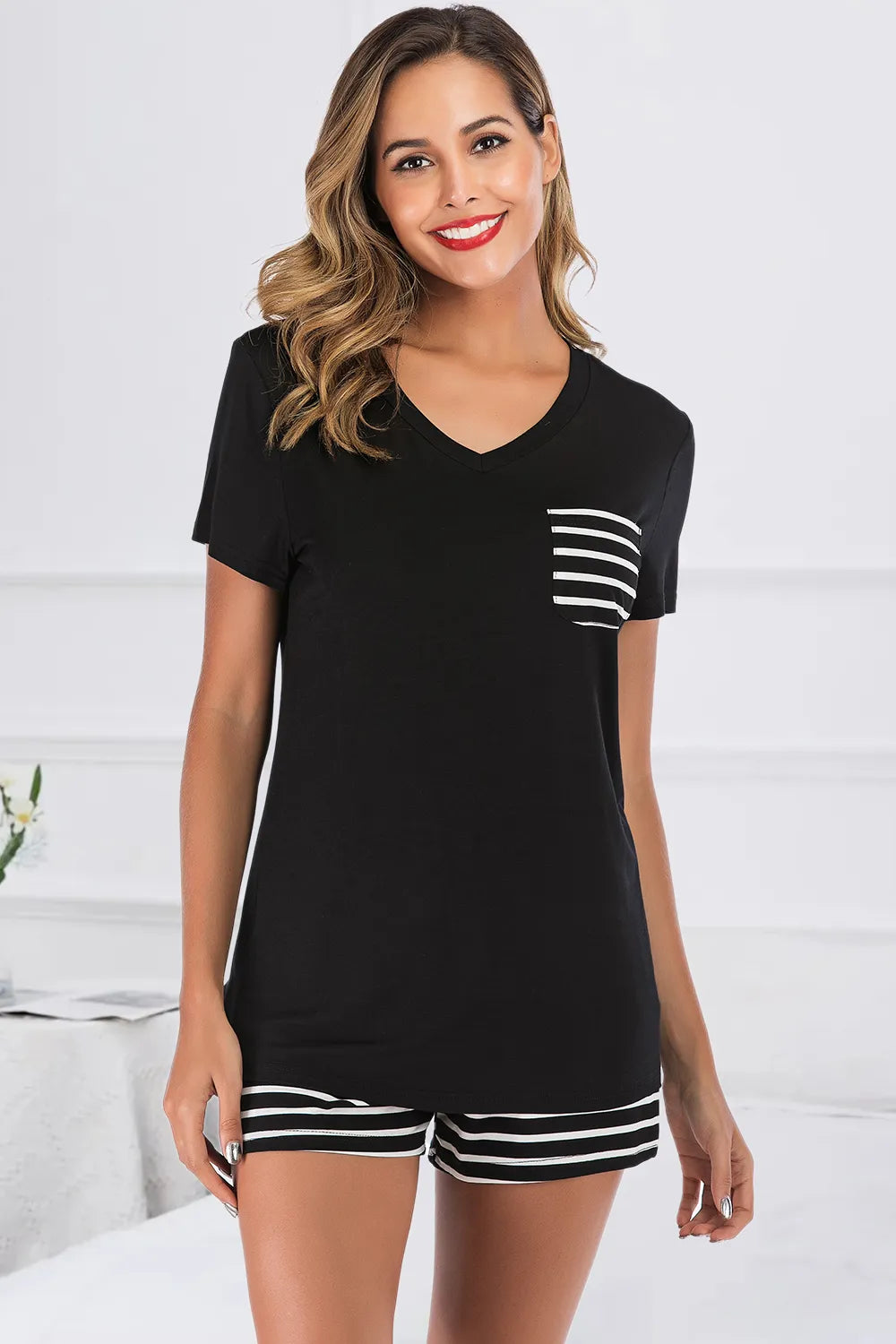 Striped Short Sleeve Top and Shorts Lounge Set in Dark Blue for Women