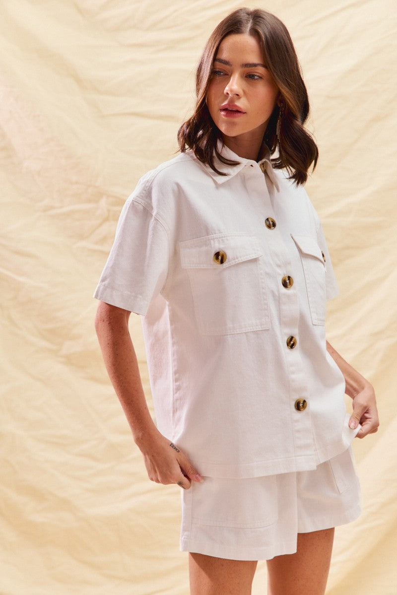 Button Down Denim Game Day Top and Shorts Set in Off White for Women