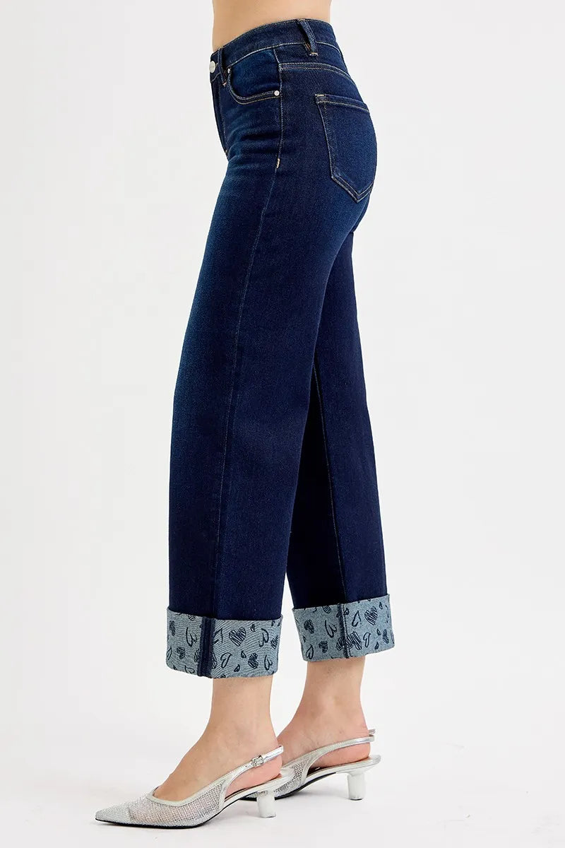 Mid Rise Fit Crop Wide with Printed Cuff Jeans Plus Size in Dark for Women