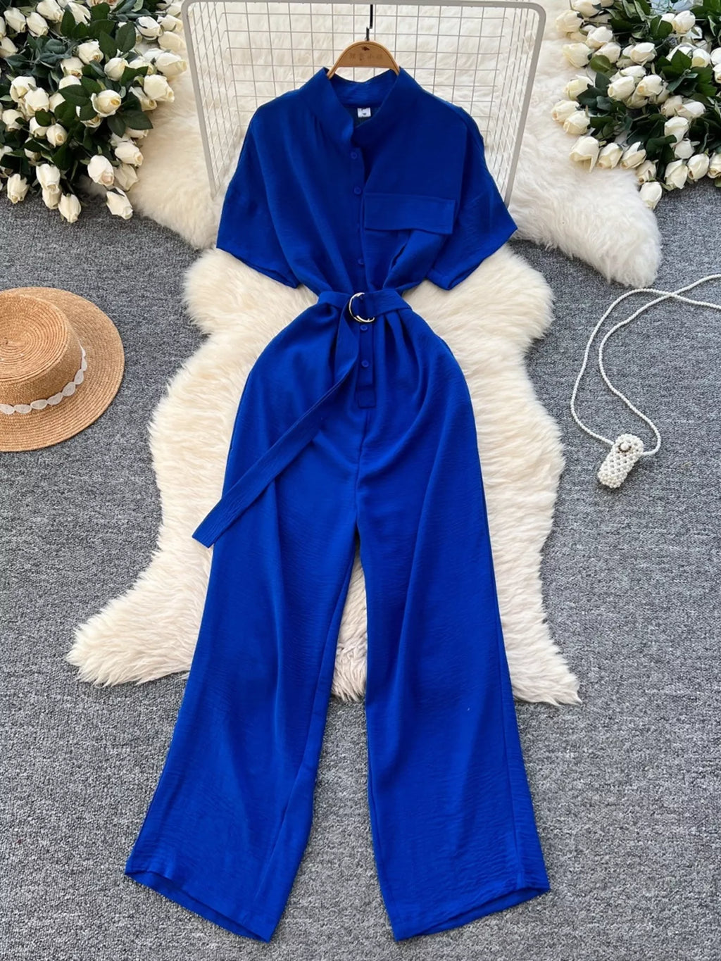 Red Button Front Wide Leg Jumpsuit for Women