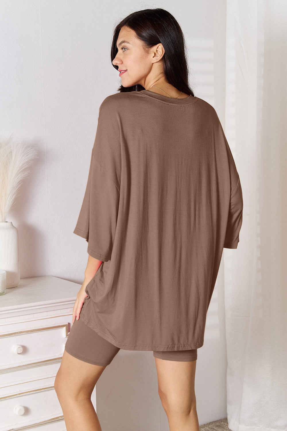 Plus Size Soft Rayon Three-Quarter Sleeve Top and Shorts Set in Mocha for Women