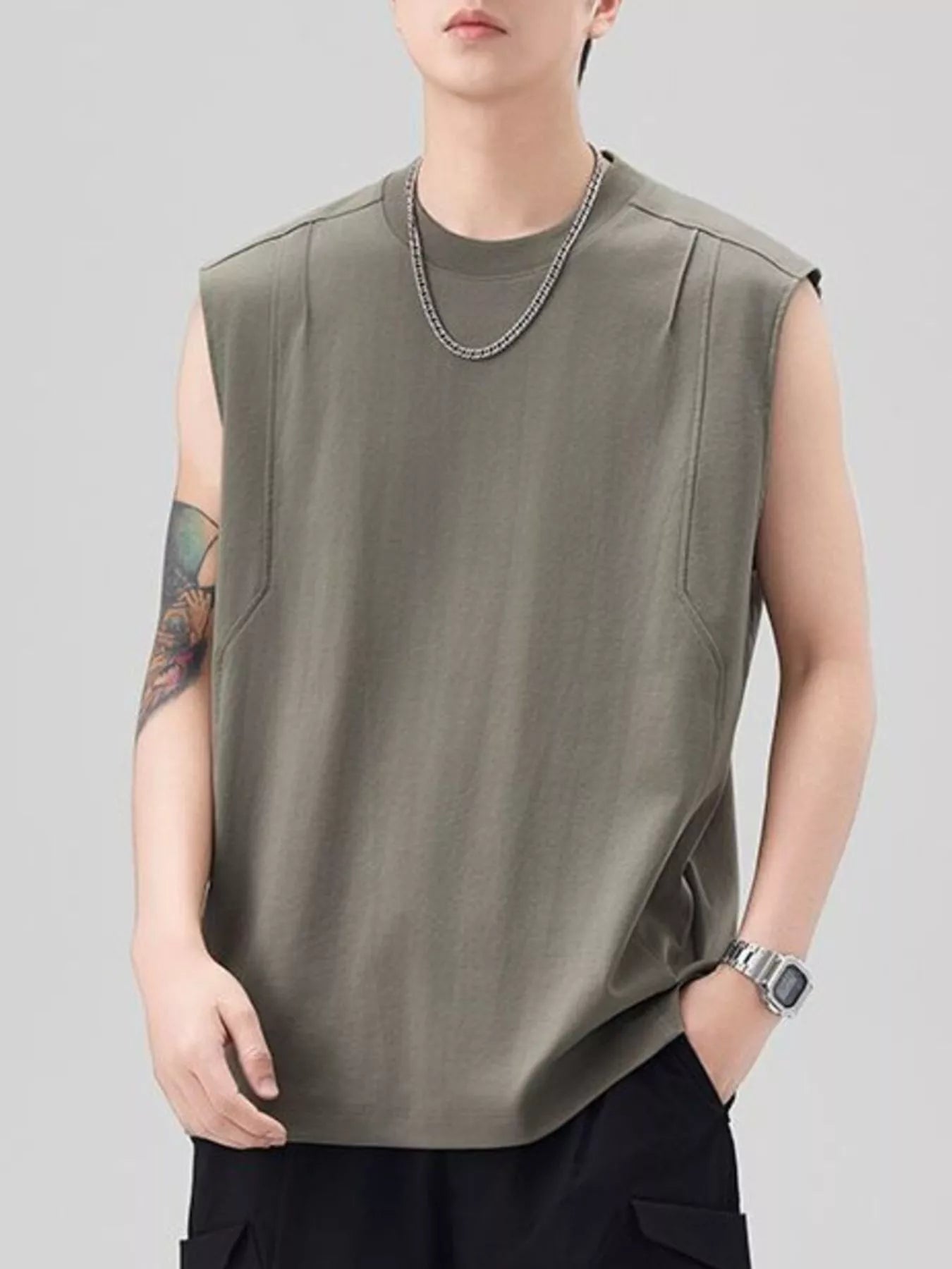 Plus Size Solid Color Casual Tank Top in Grey for Men