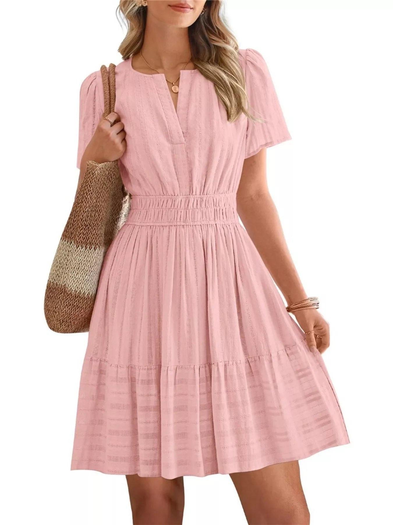 Short Sleeve Smocked Waist Tiered Dress in Army Green for Women