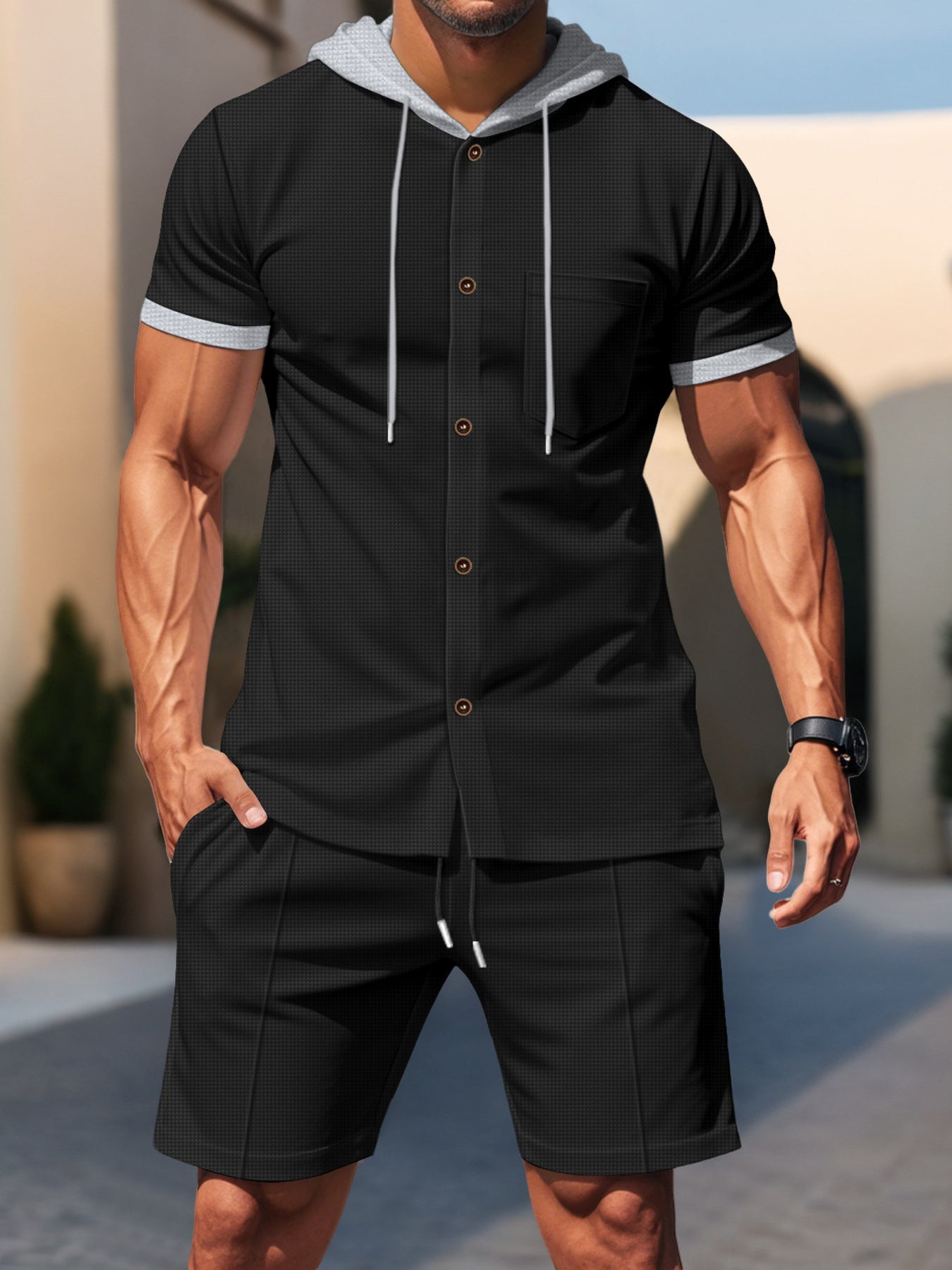 Casual Hooded Top & Shorts Set Plus Size in Black for Men