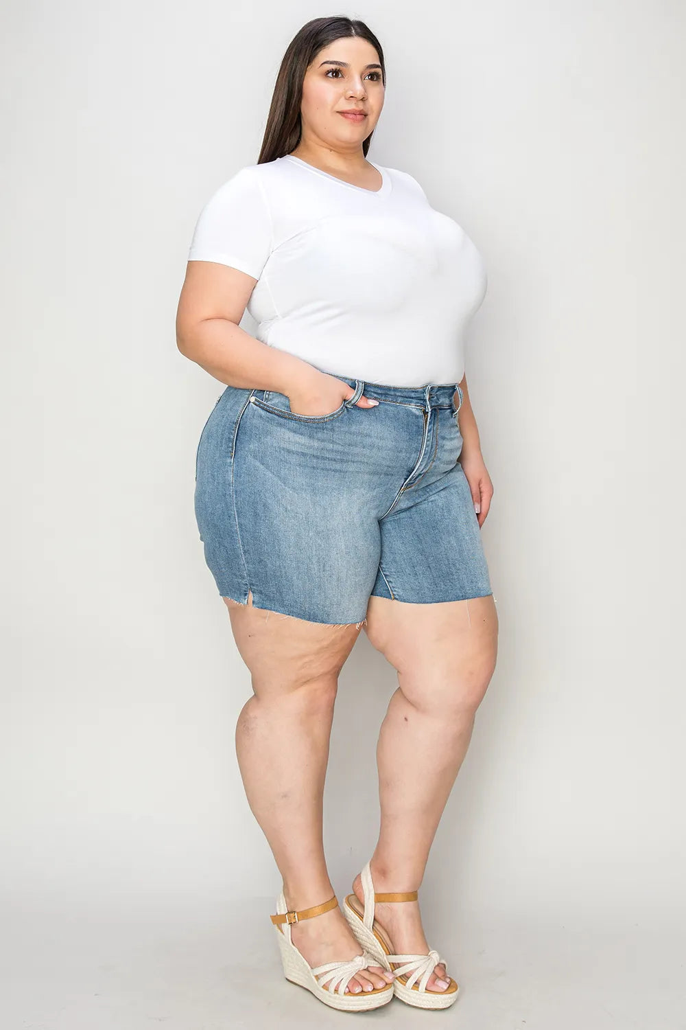 Plus Size High Waist Raw Hem Denim Shorts for Women