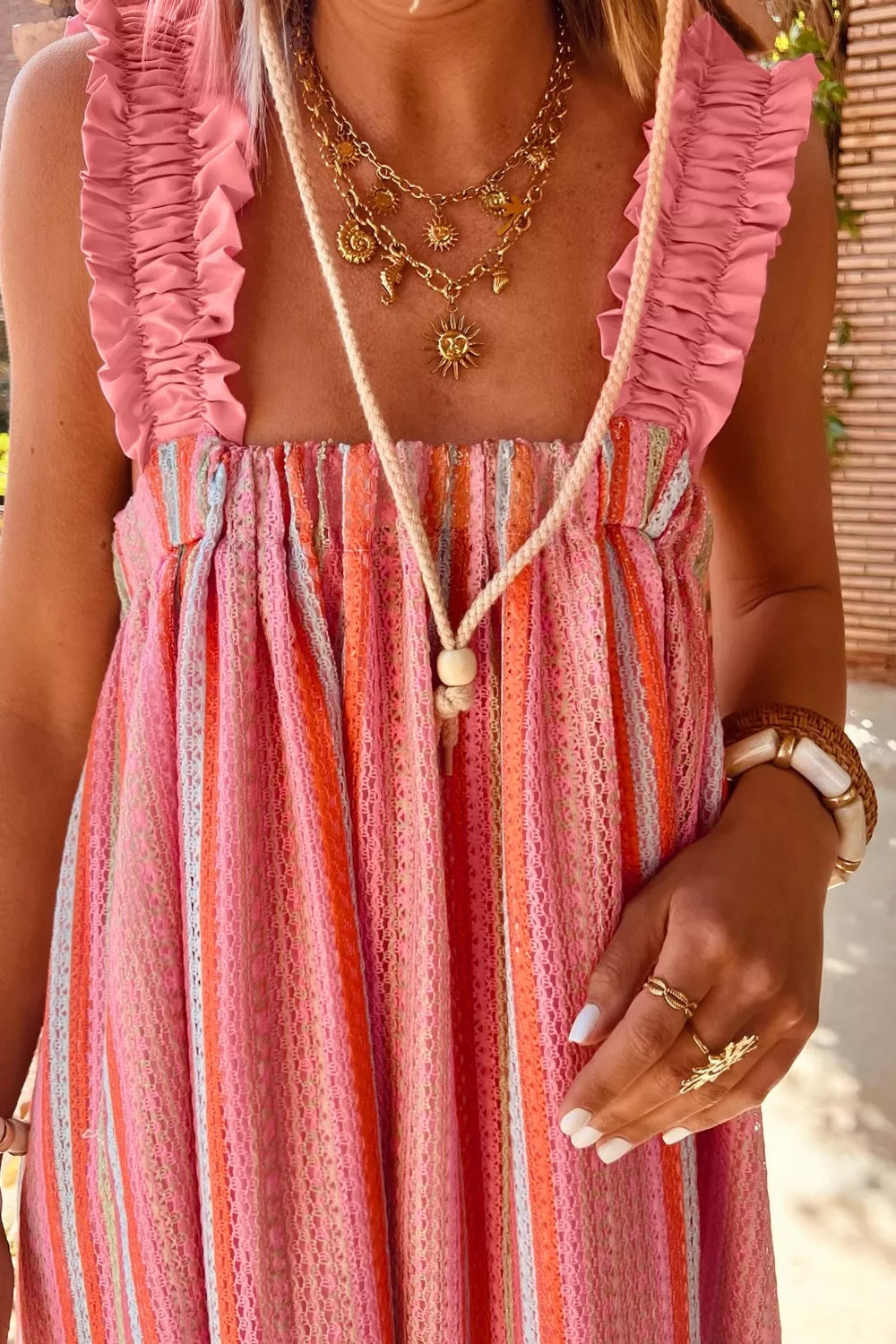 Stripe Ruffled Straps Ribbon Knot Flowy Vacation Maxi Dress in Burnt Coral for Women