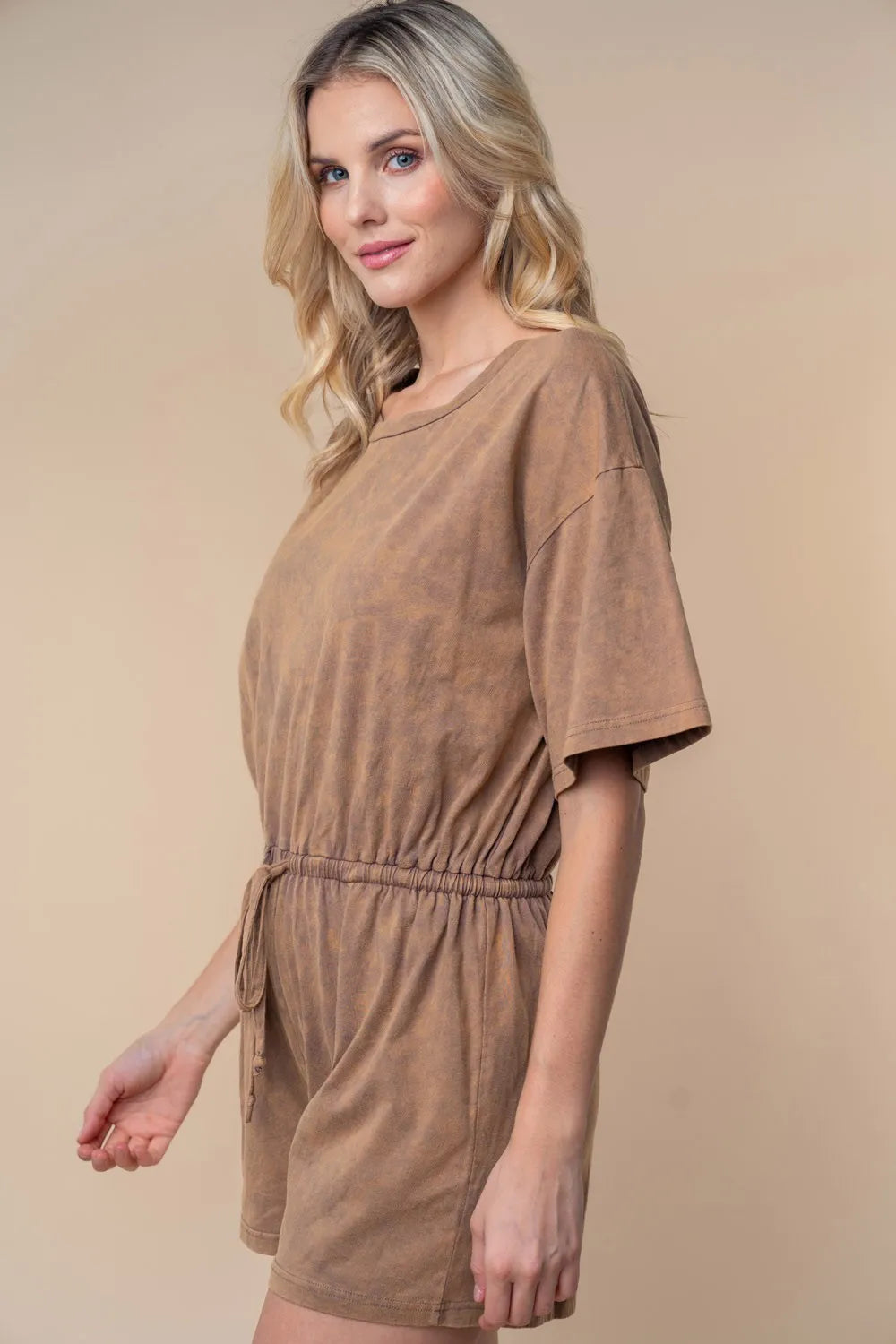 Plus Size Short Sleeve Drawstring Romper in Cocoa for Women