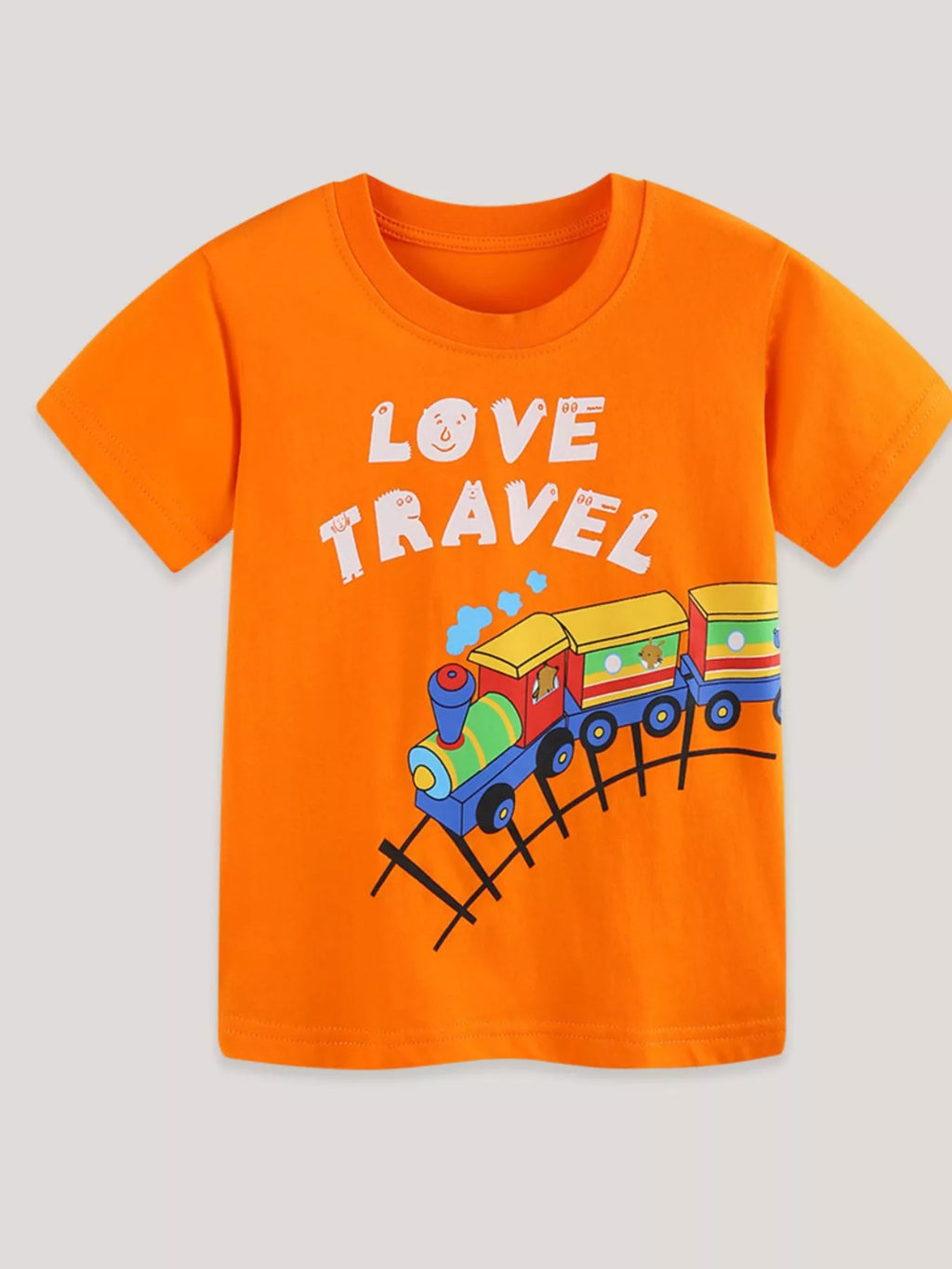Love Travel Train Graphic T-Shirt in Orange for Boys