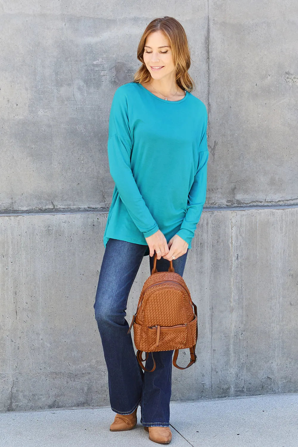 Plus Size Round Neck Dropped Shoulder T-Shirt in Sky Blue for Women