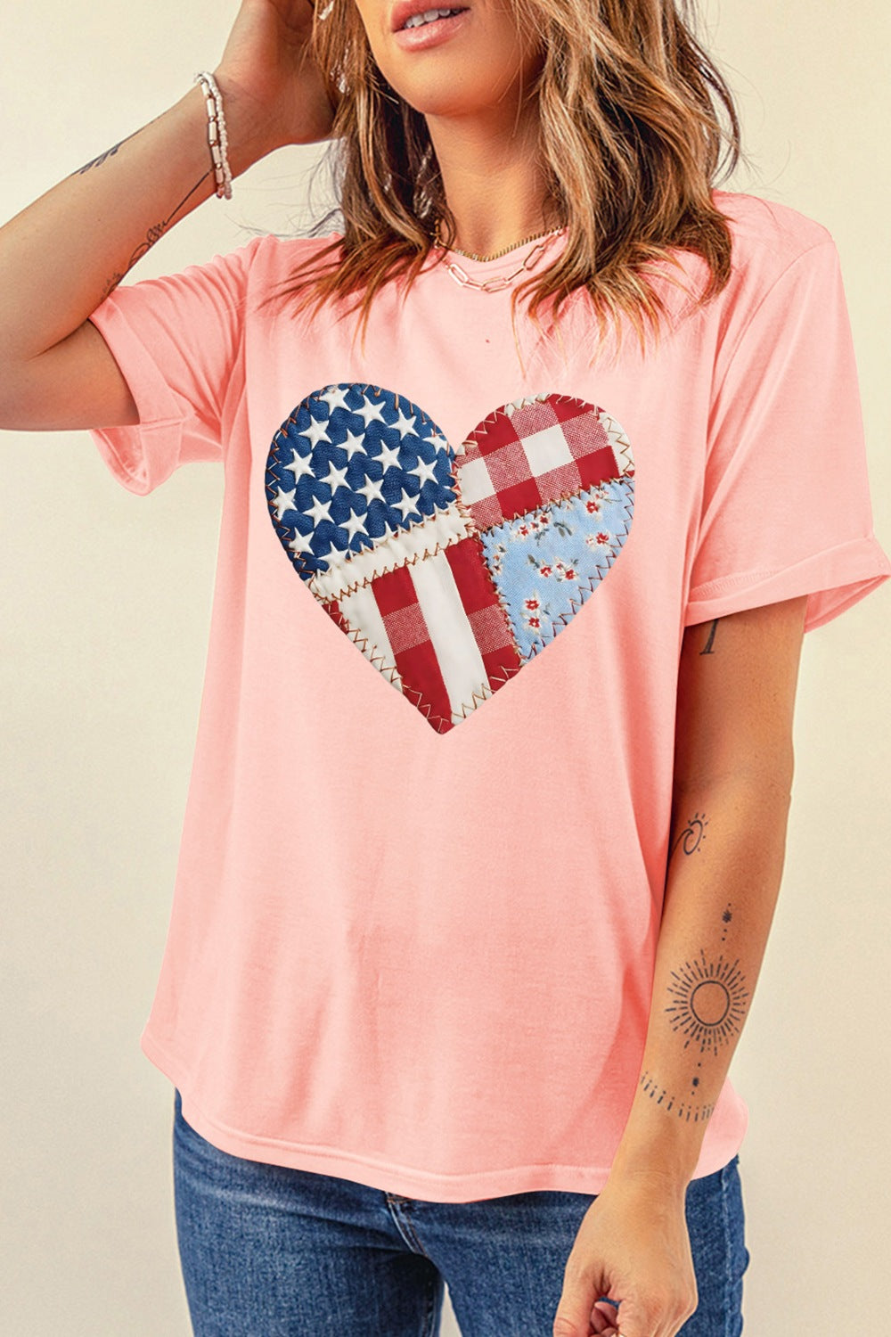 Patriotic Heart Round Neck Tee in Pale Blush for Women
