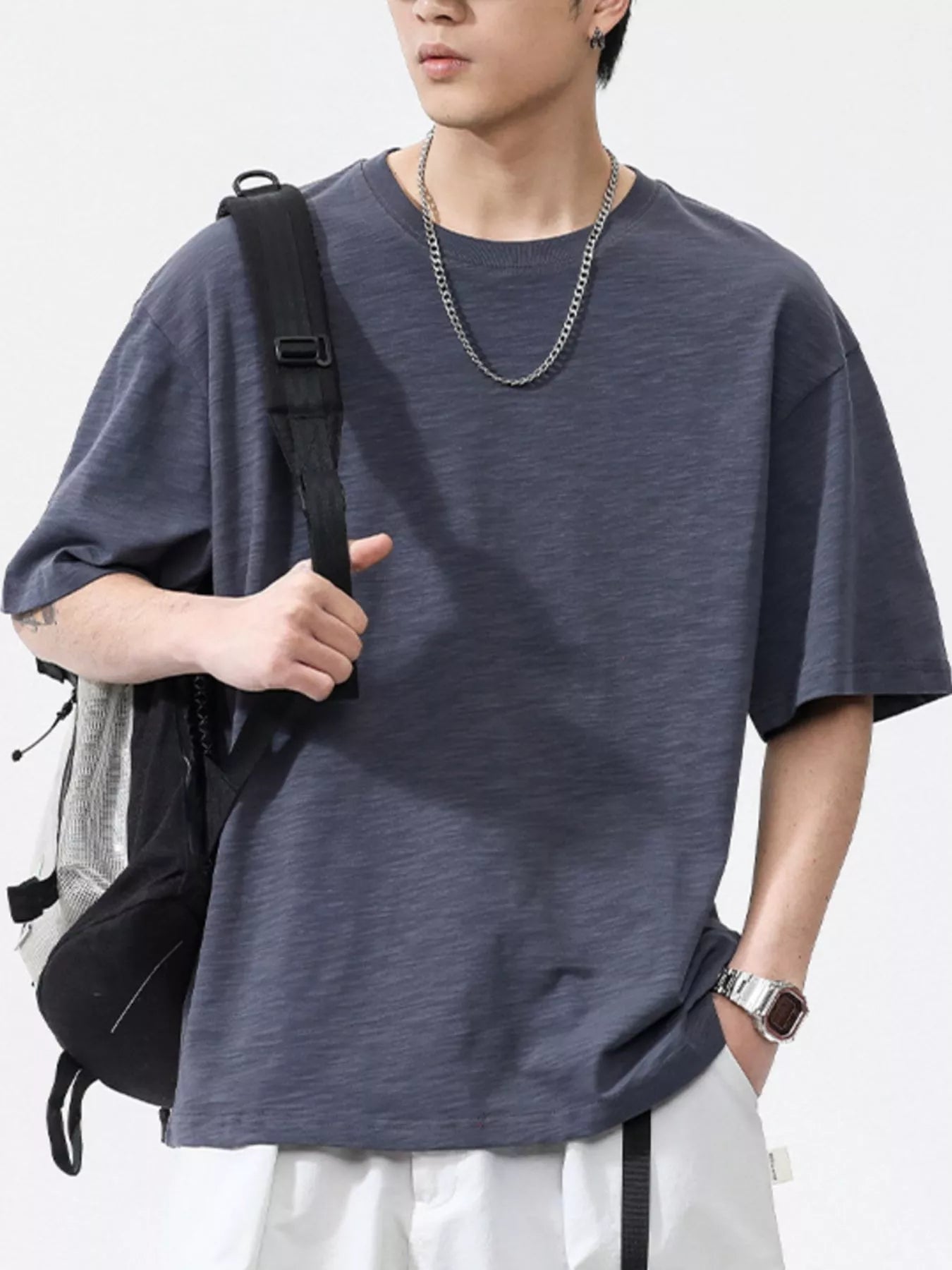 Plus Size Round Neck Half Sleeve T-Shirt in White for Men