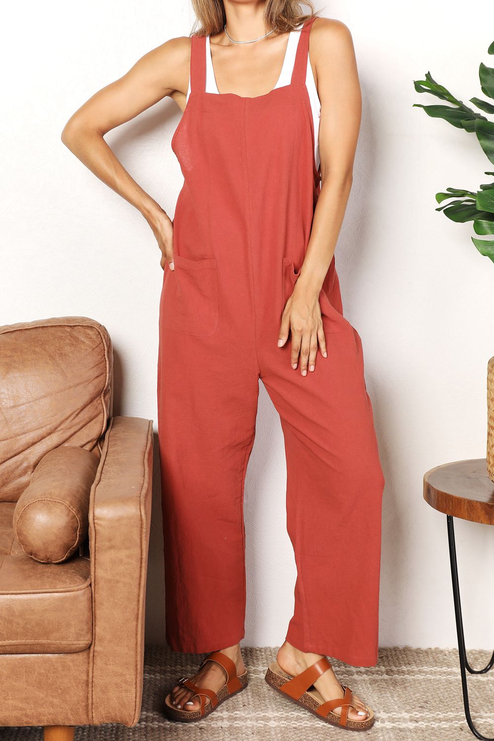 Perfee Wide Leg Overalls with Front Pockets for Women