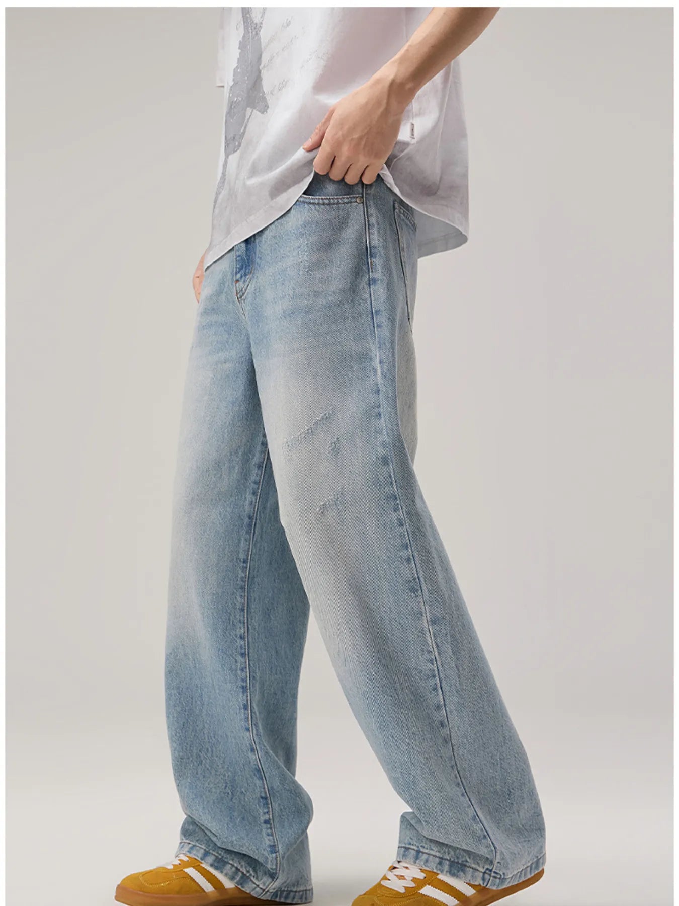 Wide Leg Wash Jeans in Light Blue for Men