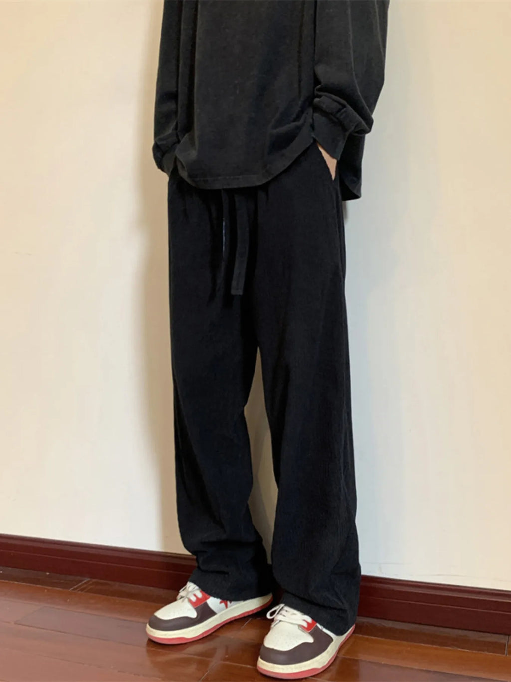 Plus Size Corduroy Wide Leg Drawstring Pants in Black for Men