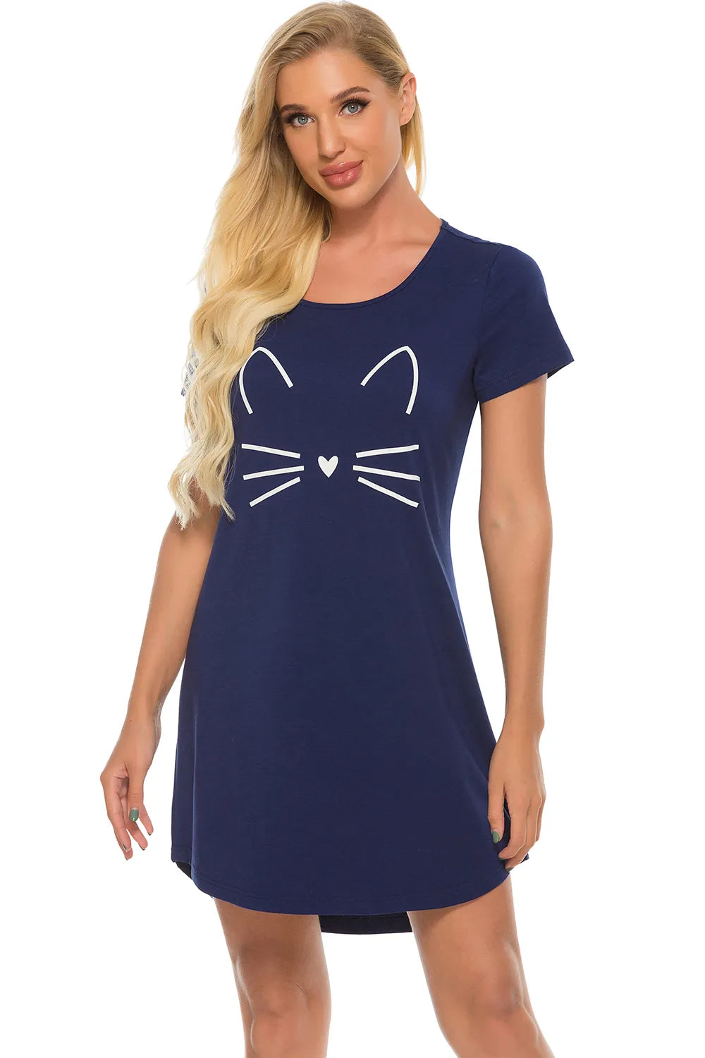 Graphic Round Neck Short Sleeve Lounge Dress in Dark Blue for Women