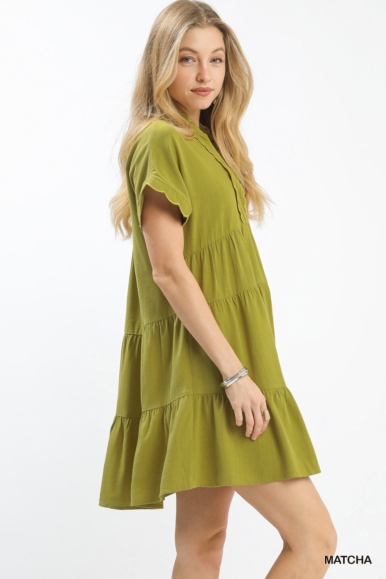 Linen Mini Dress with Scallop Trim in Matcha for Women