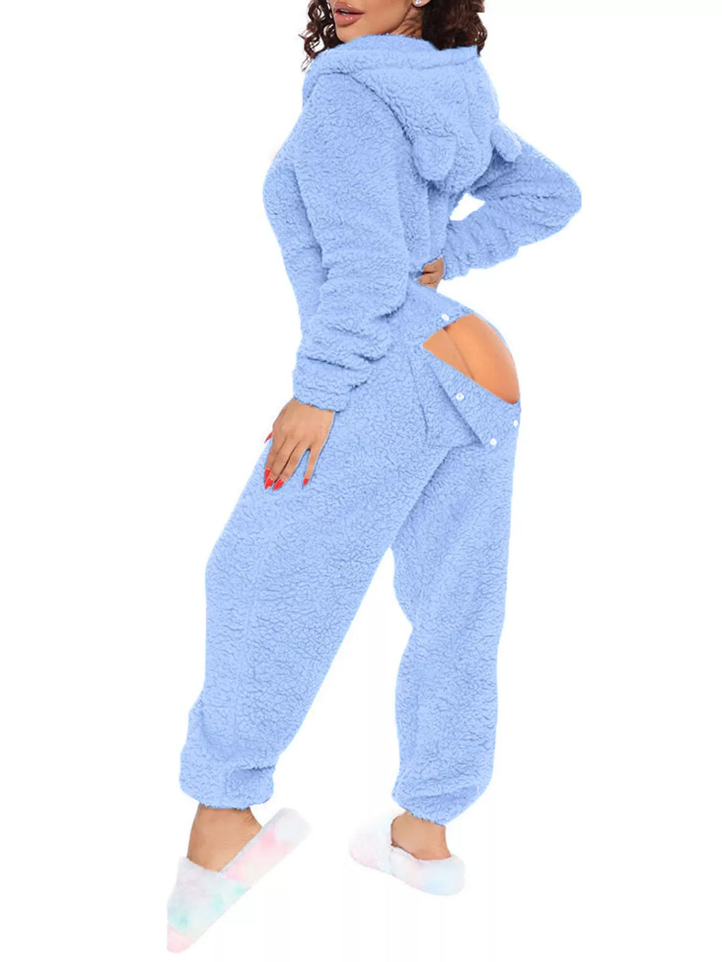 Fleece Hooded Open Back Jumpsuit in Red for Women