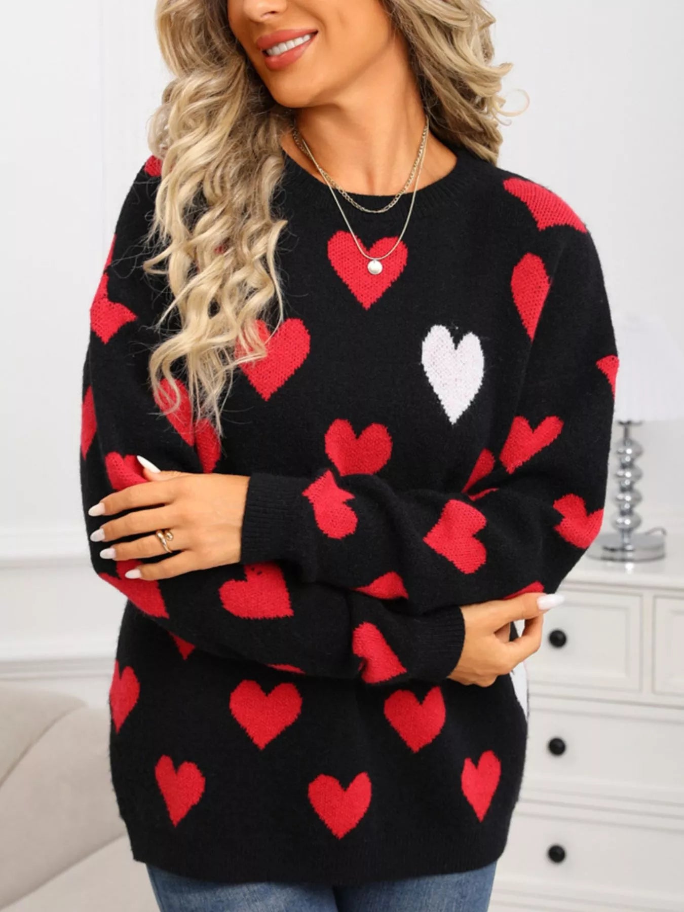 Valentines Day Heart Crew Neck Sweater in White in Black for Women