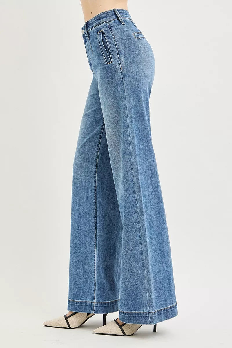Tummy Control Elastic Band High Rise Wide Jeans in Medium for Women