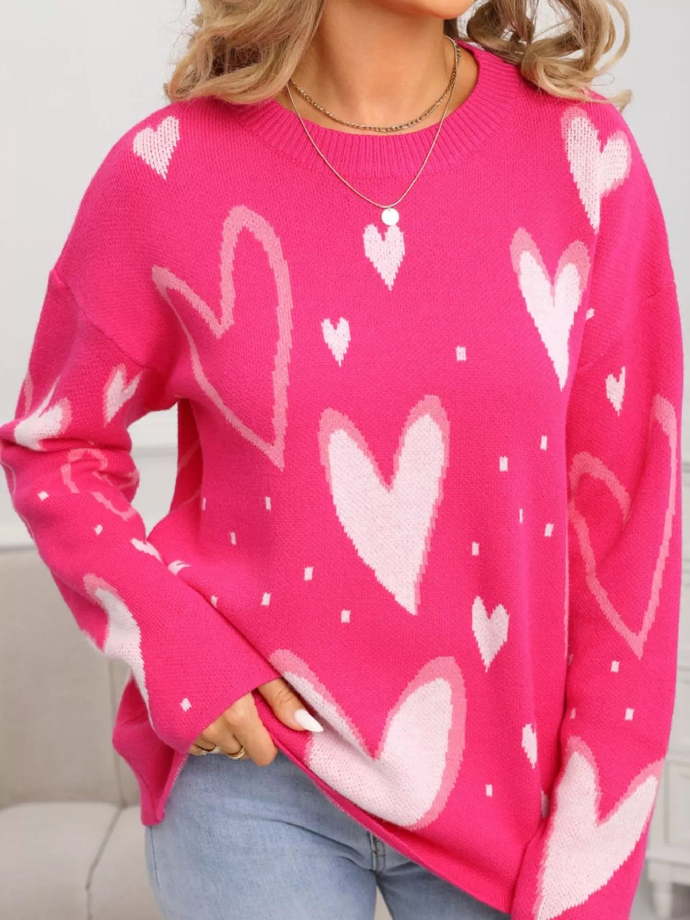 Valentines Day Heart Crew Neck Sweater in Rose Red for Women