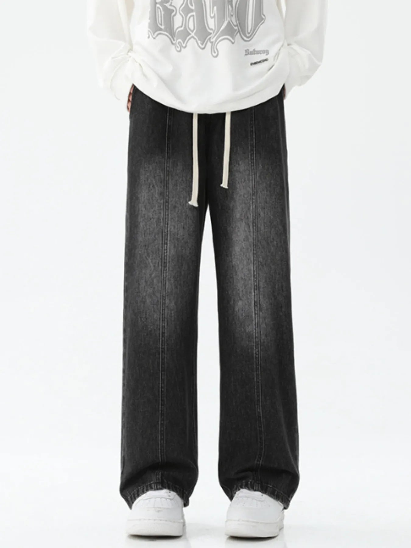 Drawstring Wide Leg Jeans Plus Size in Light Blue for Men