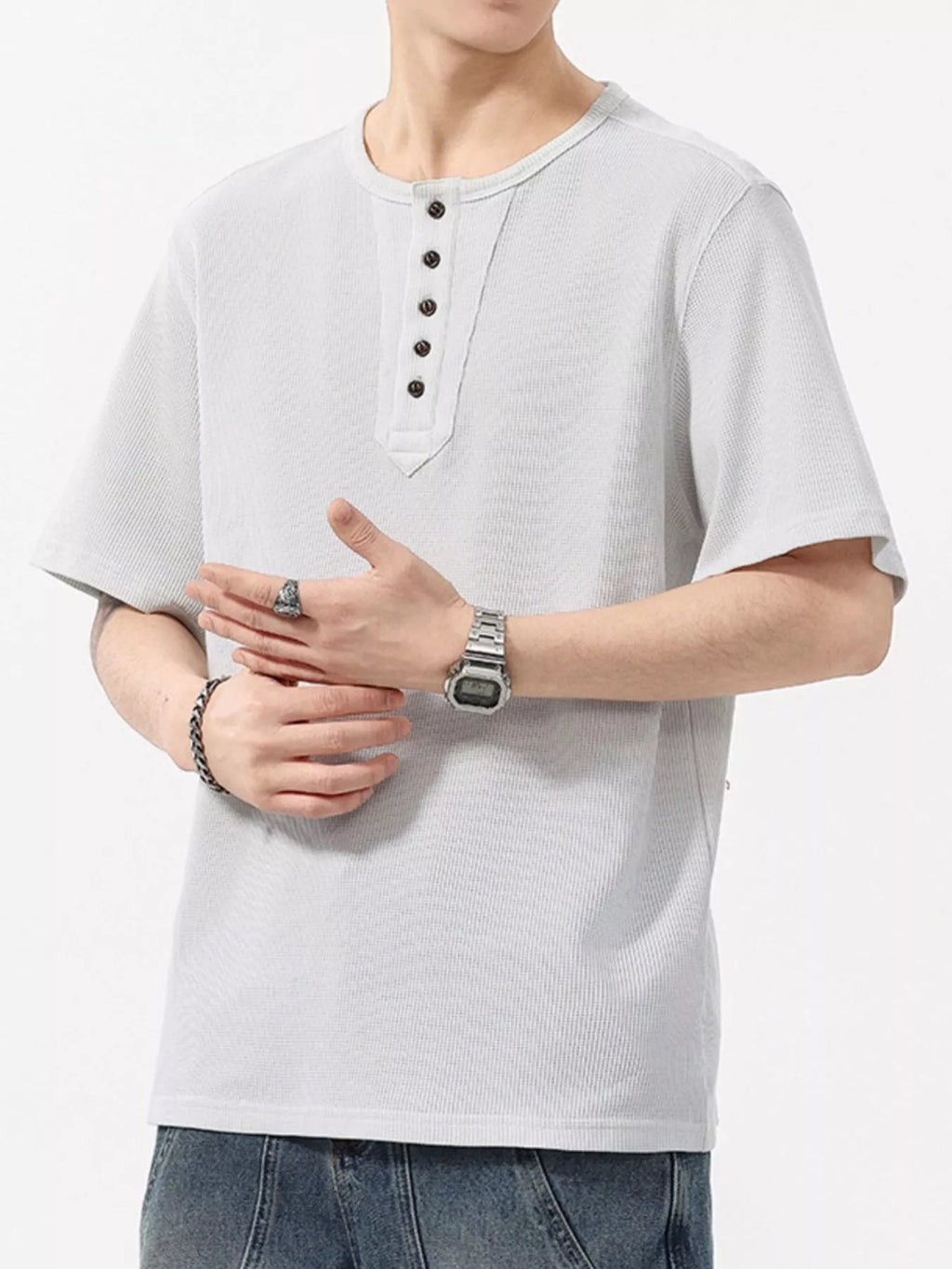 Plus Size Round Neck Short Sleeve T-Shirt in Light Gray for Men
