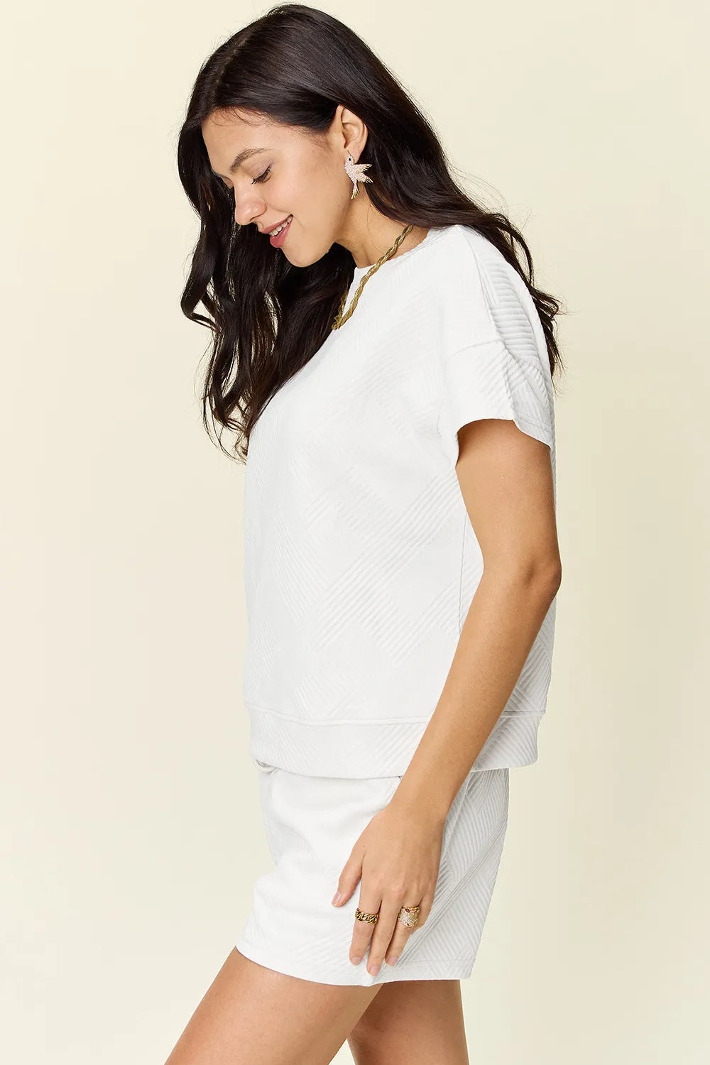 Plus Size Texture Short Sleeve T-Shirt and Drawstring Shorts Set in Mocha in White for Women