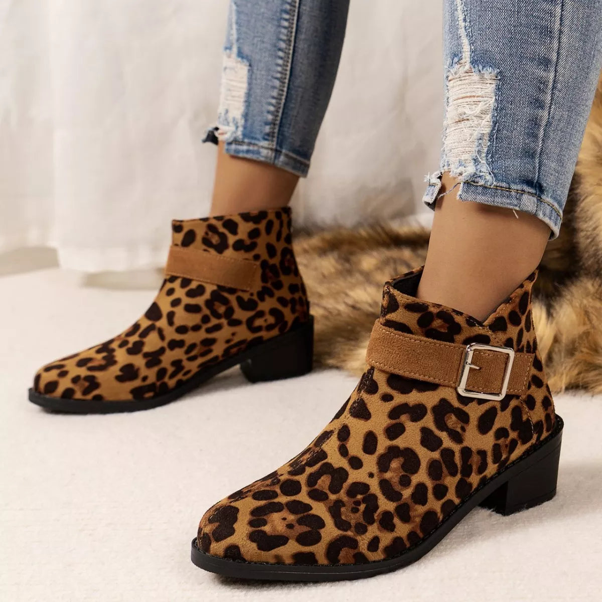 Point Toe Block Heels Boots in Leopard Print for Women