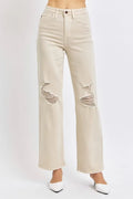 Plus Size High Waist Distressed Wide Leg Jeans in Bone for Women