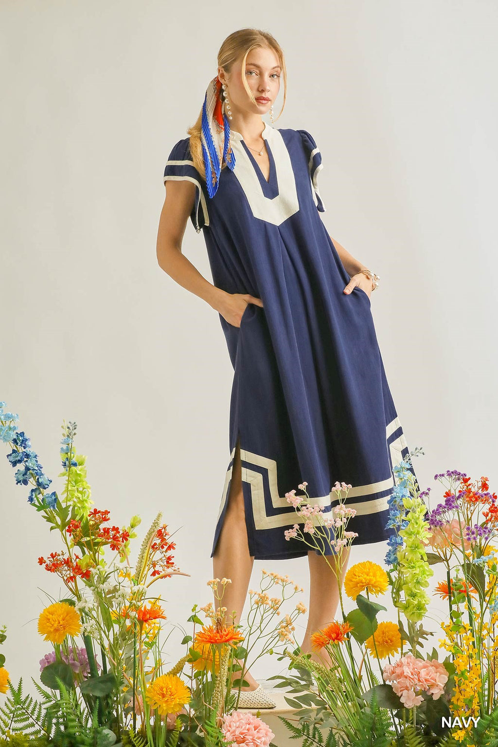 Linen Cotton Contrast Neckline Midi Dress in Navy for Women