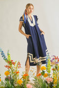 Linen Cotton Contrast Neckline Midi Dress in Navy for Women