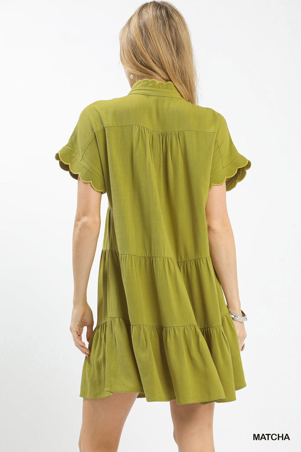 Linen Mini Dress with Scallop Trim in Matcha for Women