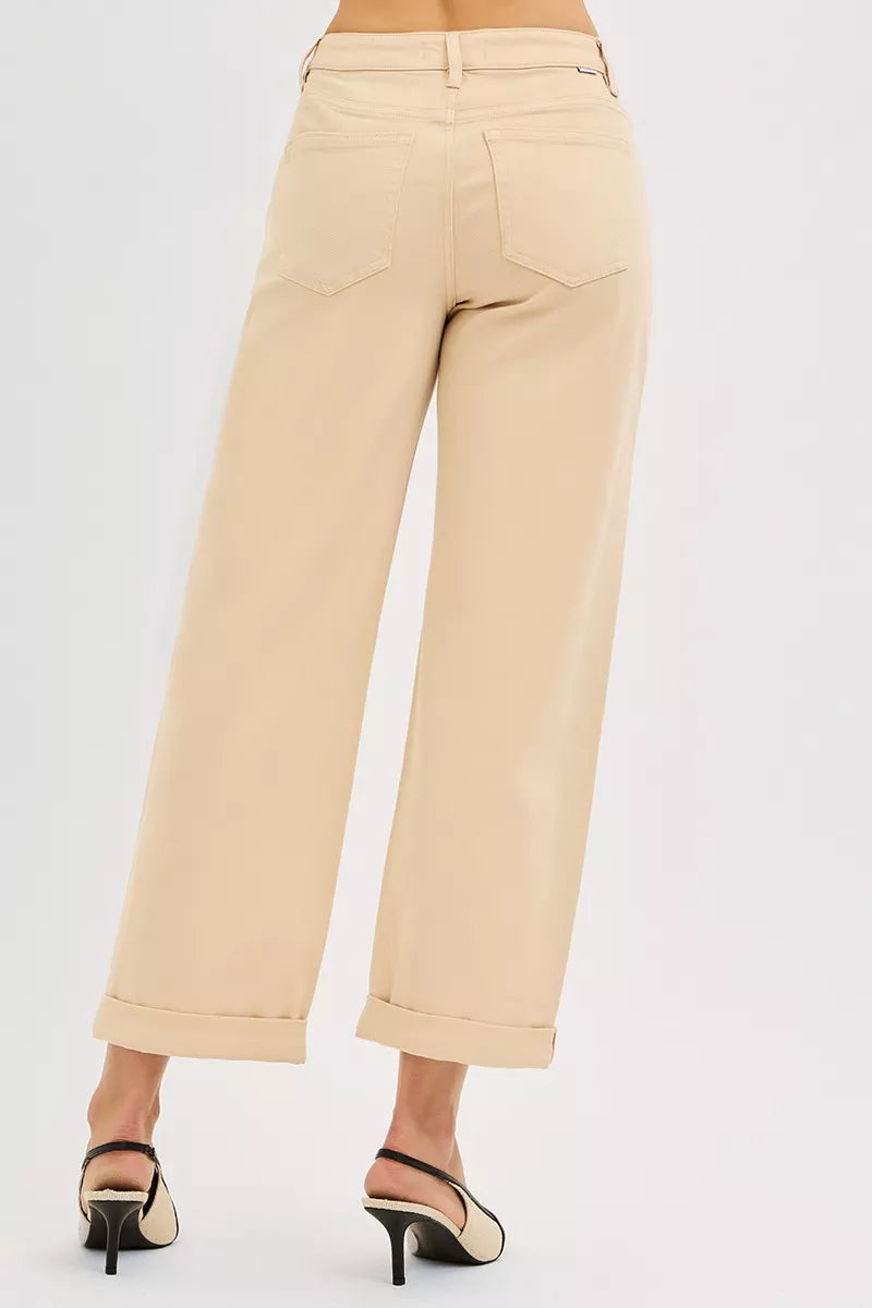 Tummy Control Mid Rise Ankle Barrel Relaxed Baggy in Butter Milk for Women