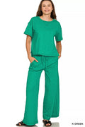 Cotton Slub Short Sleeve Tee and Pants Set in Green for Women