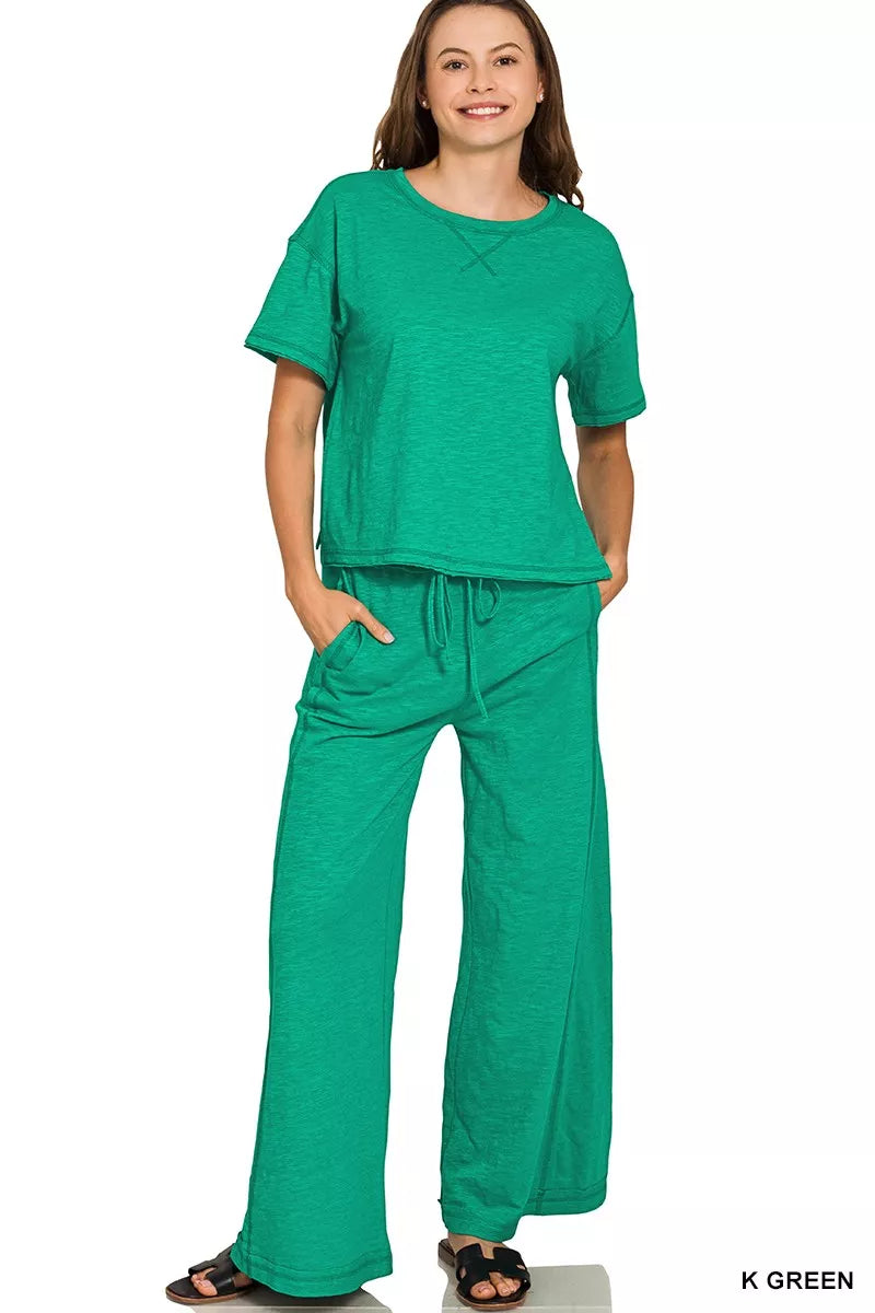 Cotton Slub Short Sleeve Tee and Pants Set in Green for Women