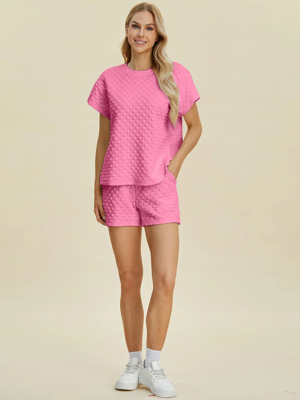 Plus Size Texture T-Shirt and Shorts Set in Black for Women